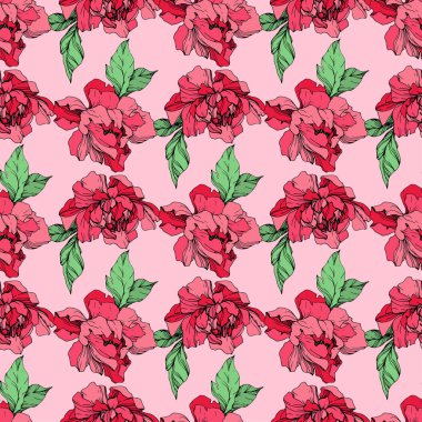 Vektör mor ve yaşam mercan pembe bir arka plan üzerinde peonies illüstrasyon izole. Oyulmuş mürekkep sanat. Sorunsuz arka plan deseni. Kumaş duvar kağıdı yazdırma doku.