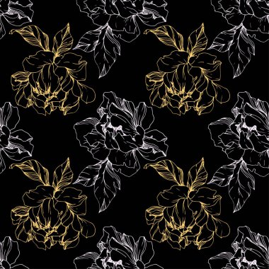 Vektör beyaz ve altın izole peonies siyah arka plan üzerine eskiz. Oyulmuş mürekkep sanat. Sorunsuz arka plan deseni. Kumaş duvar kağıdı yazdırma doku.
