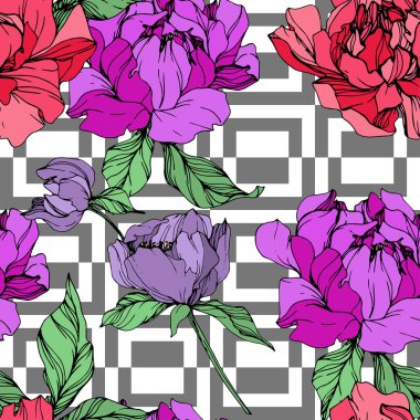 Beyaz arka plan üzerinde geometrik süsleme ile vektör mor ve yaşam mercan peonies çizim. Oyulmuş mürekkep sanat. Sorunsuz arka plan deseni. Kumaş duvar kağıdı yazdırma doku.