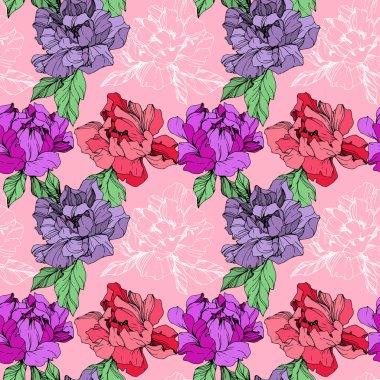 Vektör mor ve yaşam mercan pembe bir arka plan üzerinde peonies illüstrasyon izole. Oyulmuş mürekkep sanat. Sorunsuz arka plan deseni. Kumaş duvar kağıdı yazdırma doku.