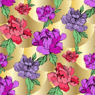 Altın arka plan üzerinde vektör mor ve yaşam mercan peonies çizim. Oyulmuş mürekkep sanat. Sorunsuz arka plan deseni. Kumaş duvar kağıdı yazdırma doku.