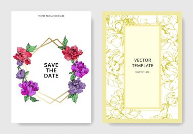 Vector wedding elegant invitation cards with purple, yellow and living coral peonies on white background with save the date and thank you inscriptions. clipart