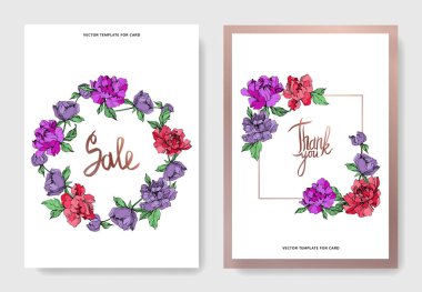 Beyaz arka plan ve satış ve teşekkür ederim yazıtlar üzerinde mor ve yaşam mercan peonies vektör zarif kartlarla.