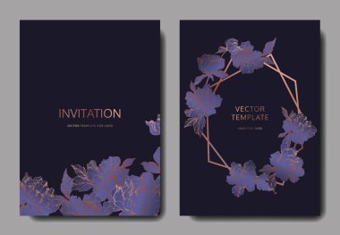Vector wedding elegant invitation cards with purple peonies on black background. clipart