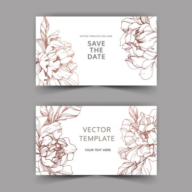 Vector wedding elegant invitation cards with golden peonies on white background with save the date inscription. clipart