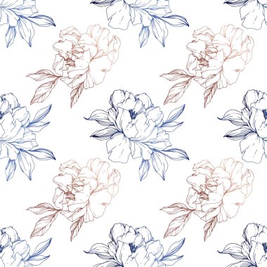 Vektör mavi ve altın izole peonies beyaz zemin üzerine eskiz. Oyulmuş mürekkep sanat. Sorunsuz arka plan deseni. Kumaş duvar kağıdı yazdırma doku.