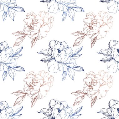 Vector blue and golden isolated peonies sketch on white background. Engraved ink art. Seamless background pattern. Fabric wallpaper print texture. clipart