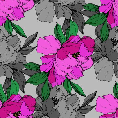 Vektör mor ve gri gri arka plan üzerinde peonies illüstrasyon izole. Oyulmuş mürekkep sanat. Sorunsuz arka plan deseni. Kumaş duvar kağıdı yazdırma doku.