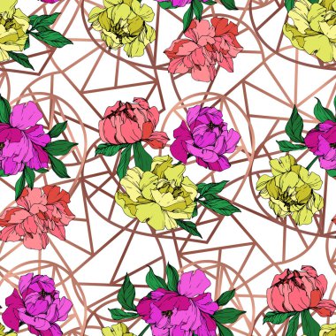 Vektör mor, mercan ve sarı peonies illüstrasyon geometrik süsleme ile yaşayan. Oyulmuş mürekkep sanat. Sorunsuz arka plan deseni. Kumaş duvar kağıdı yazdırma doku.