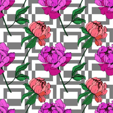 Vektör mor ve yaşam mercan peonies illüstrasyon geometrik süsleme ile. Oyulmuş mürekkep sanat. Sorunsuz arka plan deseni. Kumaş duvar kağıdı yazdırma doku.