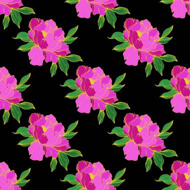 Vektör mor siyah arka plan üzerine peonies illüstrasyon izole. Oyulmuş mürekkep sanat. Sorunsuz arka plan deseni. Kumaş duvar kağıdı yazdırma doku.