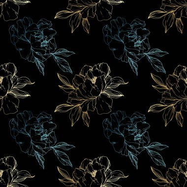 Vektör altın ve mavi izole peonies siyah arka plan üzerine eskiz. Oyulmuş mürekkep sanat. Sorunsuz arka plan deseni. Kumaş duvar kağıdı yazdırma doku.