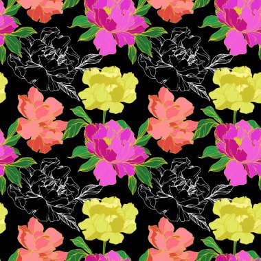 Vektör mor, mercan ve sarı izole peonies resimde siyah arka plan üzerine yaşayan. Oyulmuş mürekkep sanat. Sorunsuz arka plan deseni. Kumaş duvar kağıdı yazdırma doku.