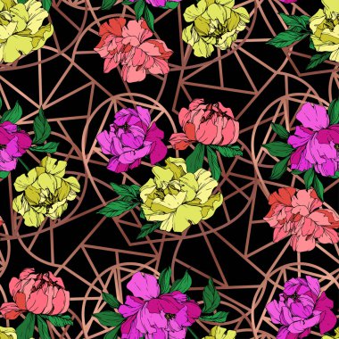 Vektör mor, mercan ve sarı peonies illüstrasyon geometrik süsleme ile siyah arka plan üzerine yaşayan. Oyulmuş mürekkep sanat. Sorunsuz arka plan deseni. Kumaş duvar kağıdı yazdırma doku.