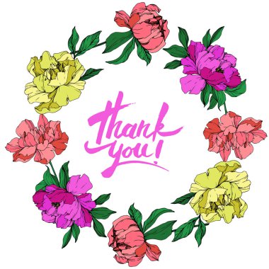 Vektör izole yaşayan mercan, mor ve sarı peonies yeşil beyaz zemin üzerine bırakır. Oyulmuş mürekkep sanat. Çerçeve kenarlığı süsleme teşekkürler yazı ile.