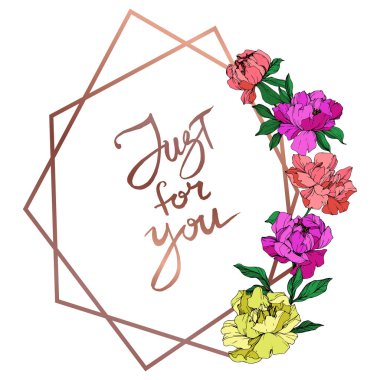 Vektör izole yaşayan mercan, mor ve sarı peonies yeşil beyaz zemin üzerine bırakır. Oyulmuş mürekkep sanat. Çerçeve kenarlığı süsleme ile sizin yazı için.