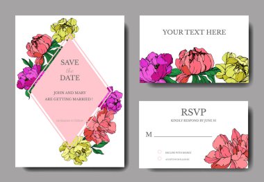 Vector wedding elegant invitation cards with purple, yellow and living coral peonies illustration on white background. clipart