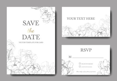 Vector wedding elegant invitation cards with silver peonies illustration on white background. clipart