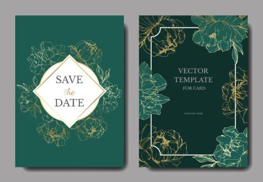 Vector wedding elegant green invitation cards with golden peonies illustration.
