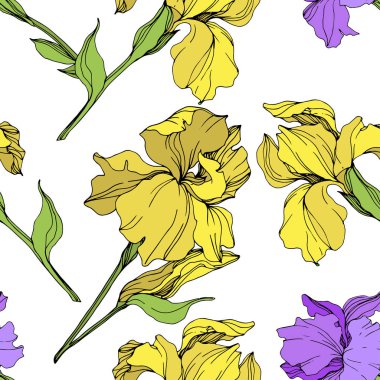 Vektör mor ve sarı süsen izole. Sorunsuz arka plan deseni. Kumaş duvar kağıdı yazdırma doku.