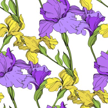 Vektör mor ve sarı süsen izole. Sorunsuz arka plan deseni. Kumaş duvar kağıdı yazdırma doku.