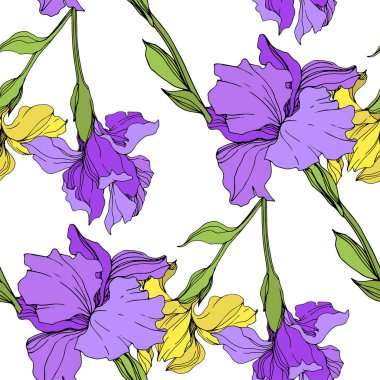 Vektör mor ve sarı süsen izole. Sorunsuz arka plan deseni. Kumaş duvar kağıdı yazdırma doku.