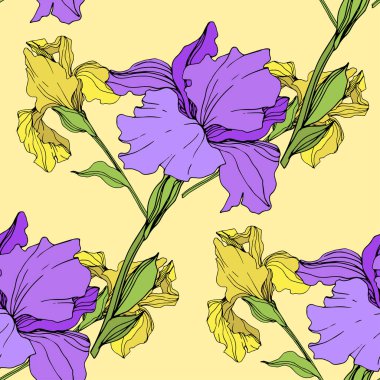 Vektör mor ve sarı süsen izole. Sorunsuz arka plan deseni. Kumaş duvar kağıdı yazdırma doku.