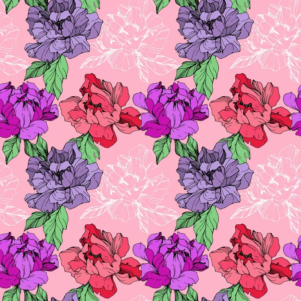 Vektör mor ve yaşam mercan pembe bir arka plan üzerinde peonies illüstrasyon izole. Oyulmuş mürekkep sanat. Sorunsuz arka plan deseni. Kumaş duvar kağıdı yazdırma doku.