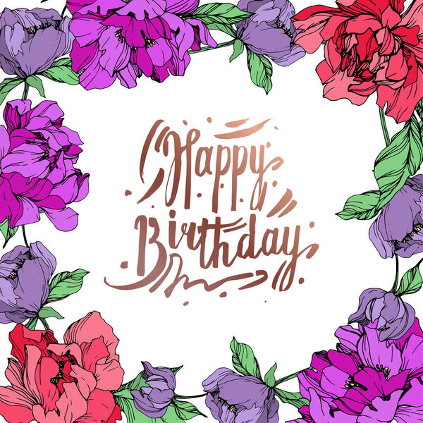 Vector Living Coral Purple Isolated Peonies White Background Engraved Ink — Stock Vector