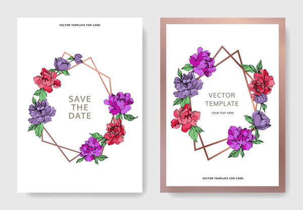 Vector elegant cards with purple and living coral peonies on white background and sale and save the date inscription.