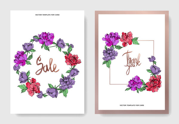 Vector elegant cards with purple and living coral peonies on white background and sale and thank you inscriptions.