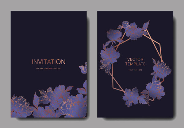 Vector wedding elegant invitation cards with purple peonies on black background.