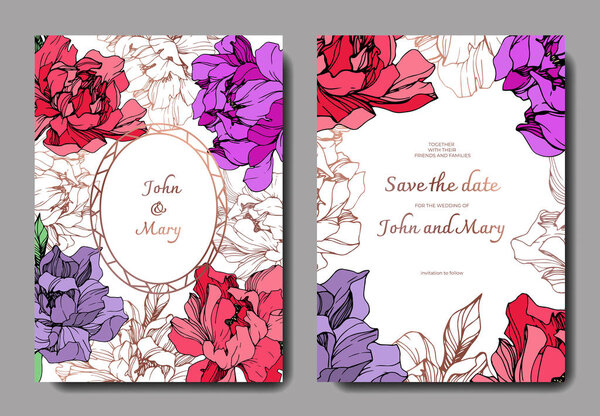 Vector wedding elegant invitation cards with purple, golden and living coral peonies on white background with save the date inscription.