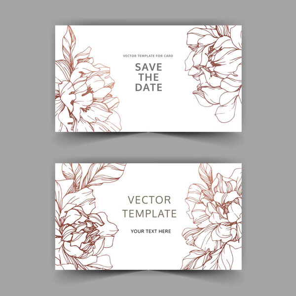 Vector wedding elegant invitation cards with golden peonies on white background with save the date inscription.