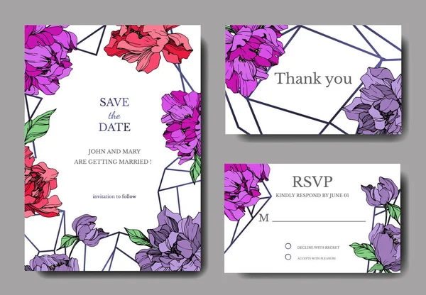 Vector Boda Elegantes Tarjetas Invitación Con Morado Vivas Peonías Coral — Vector de stock