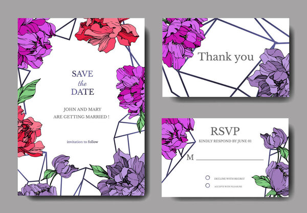 Vector wedding elegant invitation cards with purple and living coral peonies on white background with save the date and thank you inscriptions.