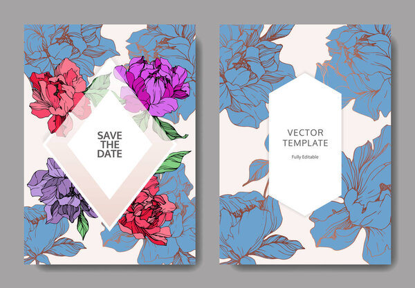 Vector wedding elegant invitation cards with purple, blue and living coral peonies on beige background with save the date inscription.
