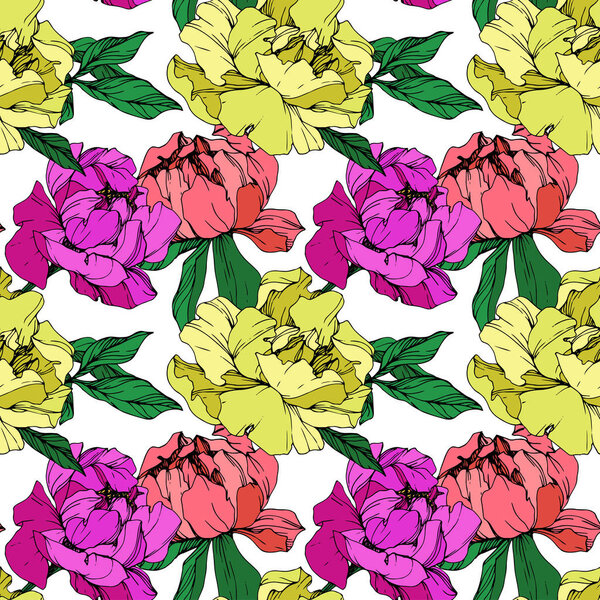 Vector purple, living coral and yellow isolated peonies illustration on white background. Engraved ink art. Seamless background pattern. Fabric wallpaper print texture.