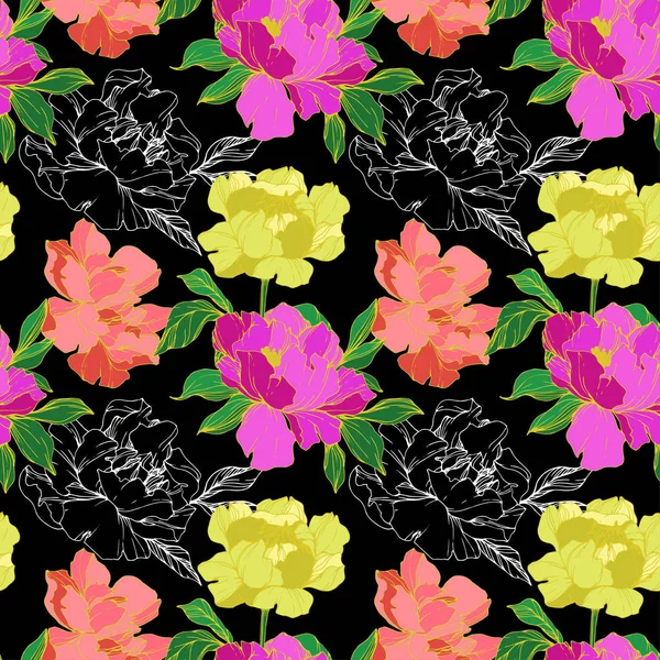 Vektör mor, mercan ve sarı izole peonies resimde siyah arka plan üzerine yaşayan. Oyulmuş mürekkep sanat. Sorunsuz arka plan deseni. Kumaş duvar kağıdı yazdırma doku.
