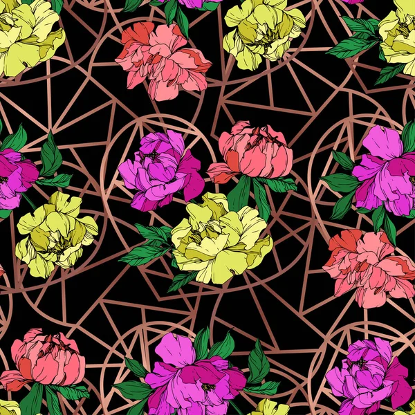 Vektör mor, mercan ve sarı peonies illüstrasyon geometrik süsleme ile siyah arka plan üzerine yaşayan. Oyulmuş mürekkep sanat. Sorunsuz arka plan deseni. Kumaş duvar kağıdı yazdırma doku.