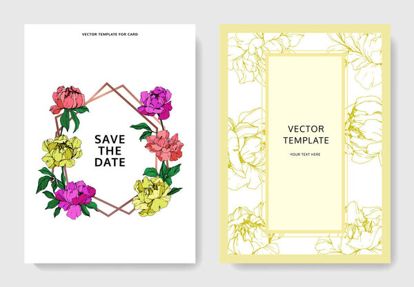 Vector wedding elegant invitation cards with purple, yellow and living coral peonies illustration on white background.