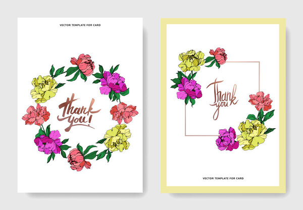 Vector wedding elegant invitation cards with purple, yellow and living coral peonies illustration on white background.