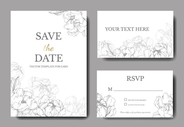 Vector wedding elegant invitation cards with silver peonies illustration on white background.