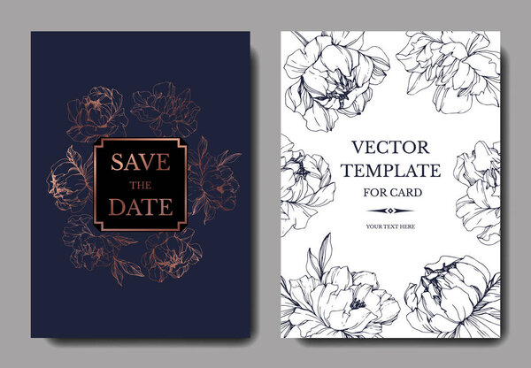 Vector wedding elegant dark blue and white invitation cards with peonies illustration.