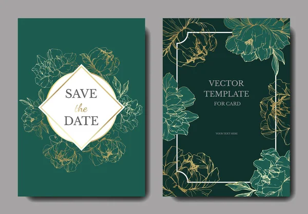 Vector Bruiloft Elegante Groene Uitnodigingskaarten Met Gouden Pioenrozen Illustratie — Stockvector