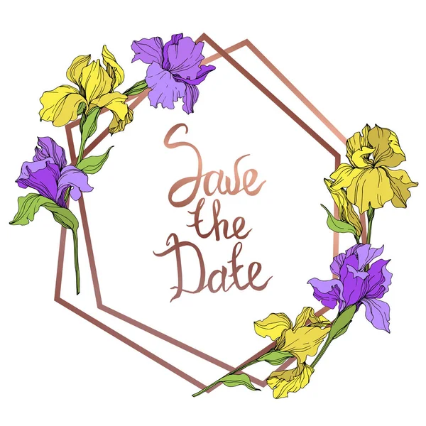 Vector Yellow Purple Isolated Irises Illustration Frame Border Ornament Date — Stock Vector