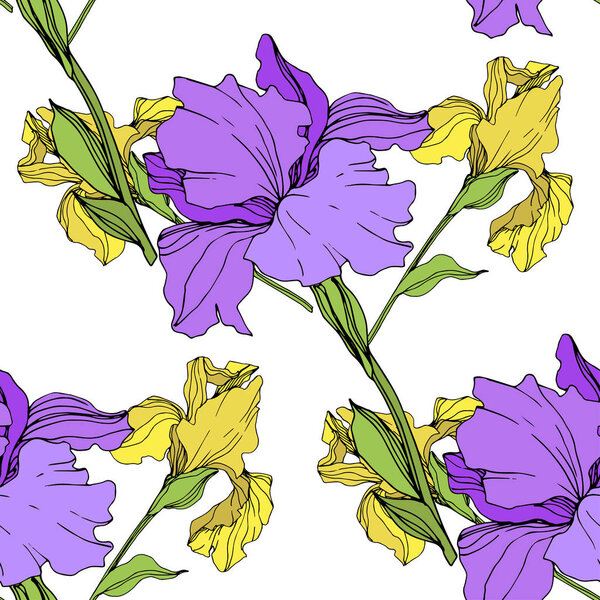 Vector isolated purple and yellow irises. Seamless background pattern. Fabric wallpaper print texture.