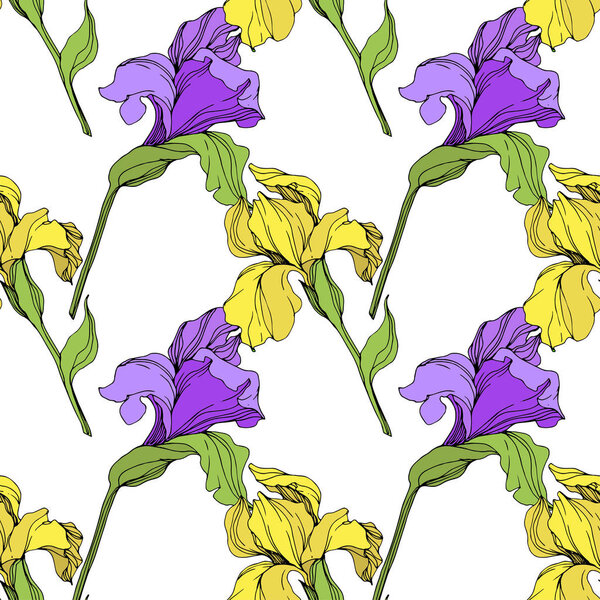 Vector isolated purple and yellow irises. Seamless background pattern. Fabric wallpaper print texture.