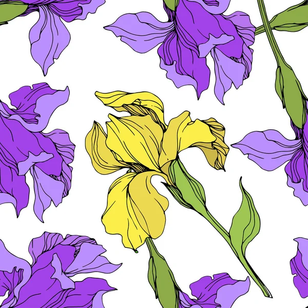Vector Isolated Purple Yellow Irises Seamless Background Pattern Fabric Wallpaper — Stock Vector