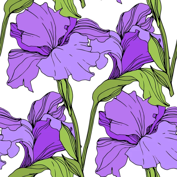 Vector Isolated Purple Irises Seamless Background Pattern Fabric Wallpaper Print — Stock Vector